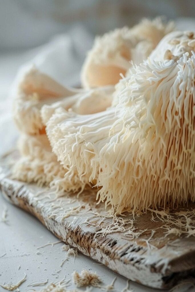 Close-up of lion's mane mushrooms on a wooden board.