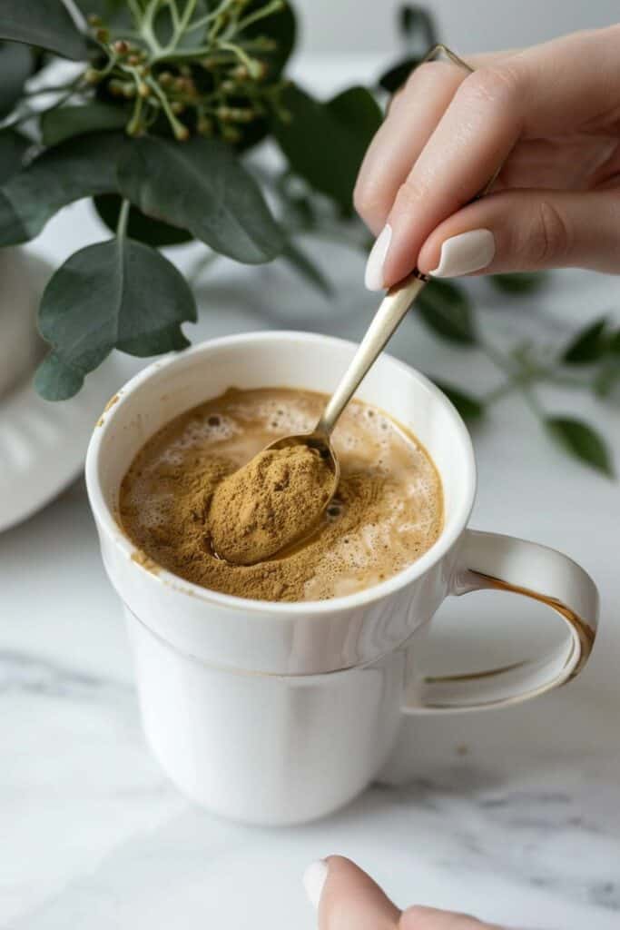 A person adding a spoonful of brown powder to a cup of frothy beverage.
