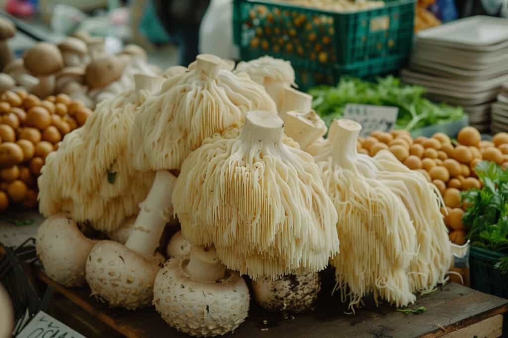 Variety of mushrooms displayed for sale at a market.
