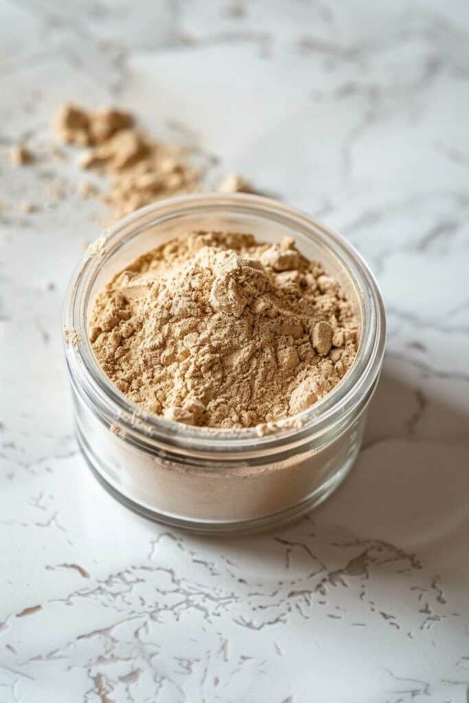 Open jar of powdered makeup on a marble surface.