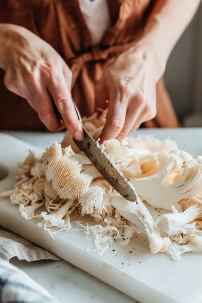 Person slicing mushrooms on a white cutting board.