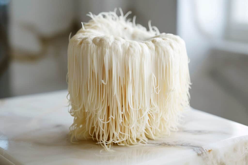 A block of uncooked rice noodles draped over a marble surface.