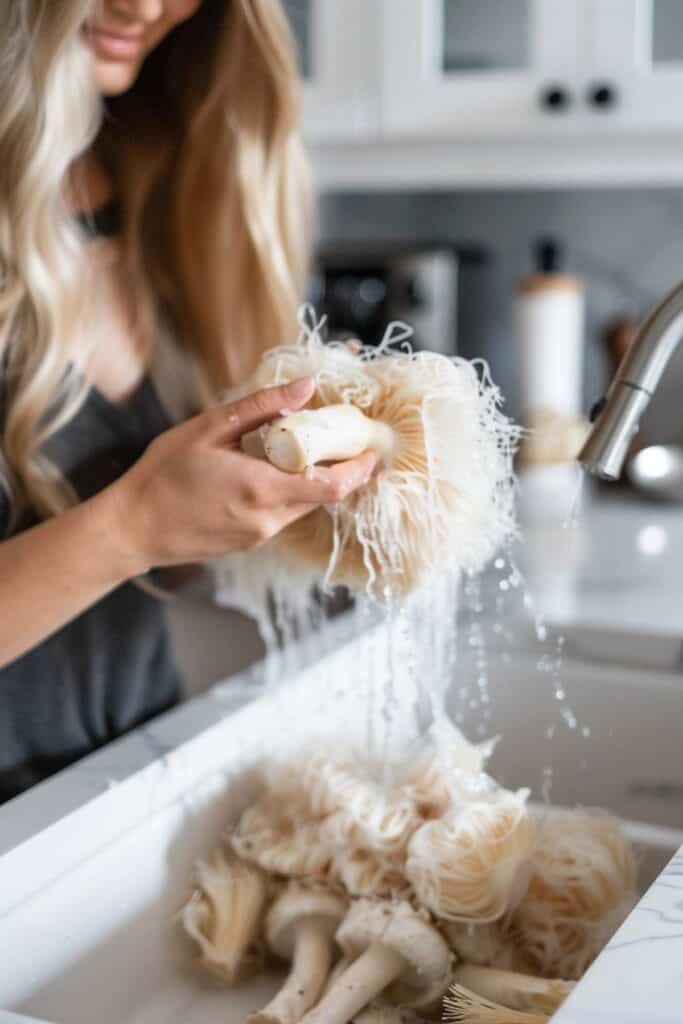 Woman rinsing oyster mushrooms under tap water in a kitchen sink.