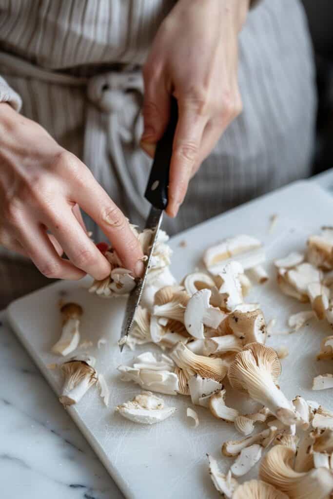 A person chopping mushrooms on a white cutting board.