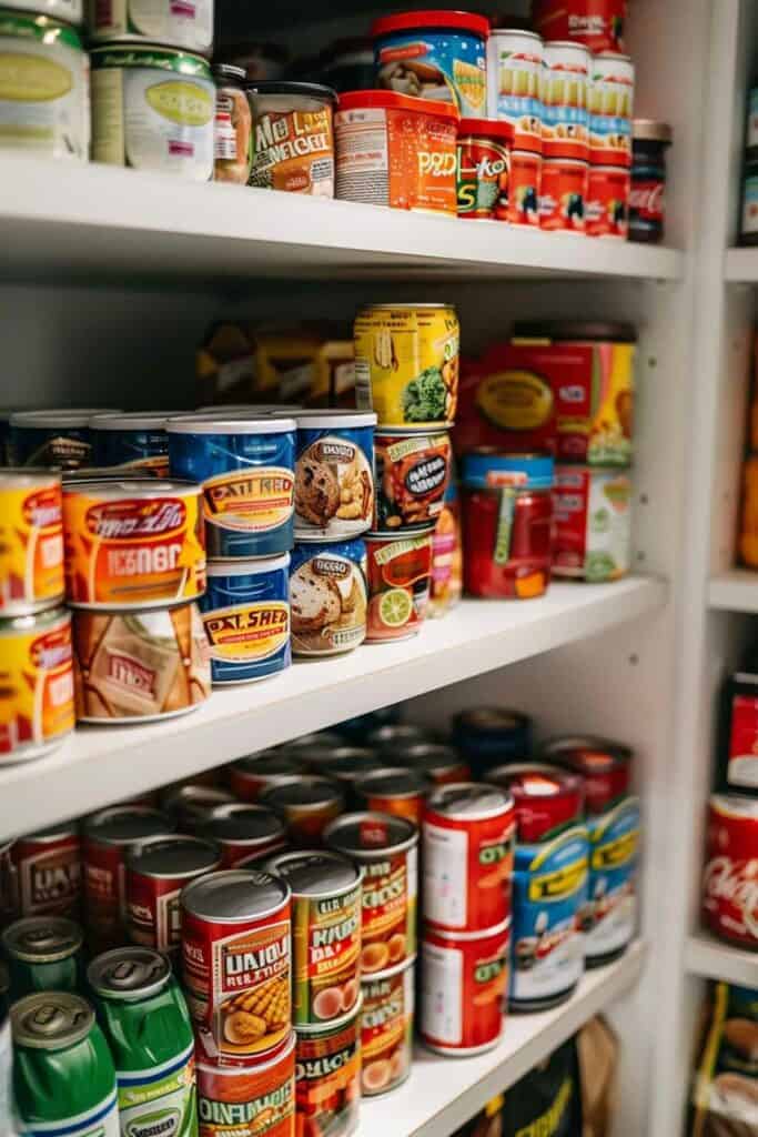 Stocked pantry shelves with assorted canned goods and food items.