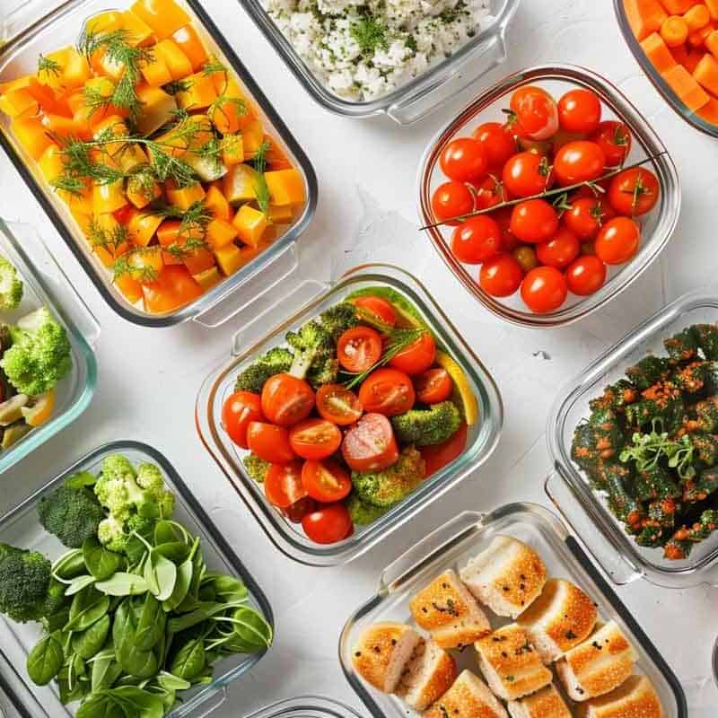A group of glass containers with food in them.