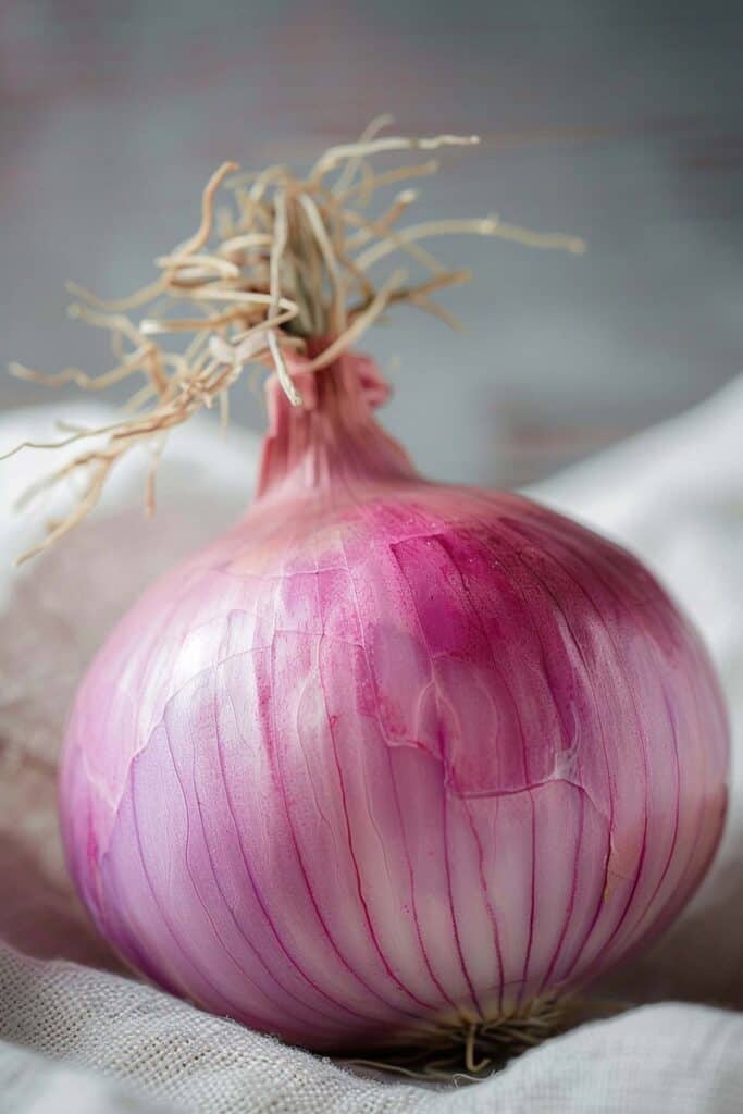 A fresh red onion with roots intact on a textured surface.