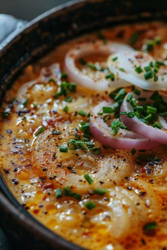 A close-up of a bowl of onion soup garnished with fresh herbs and spices.
