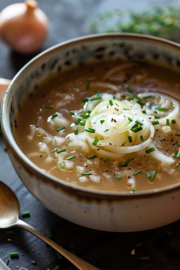 A bowl of onion soup garnished with fresh herbs and ground pepper, accompanied by a spoon, on a dark surface.