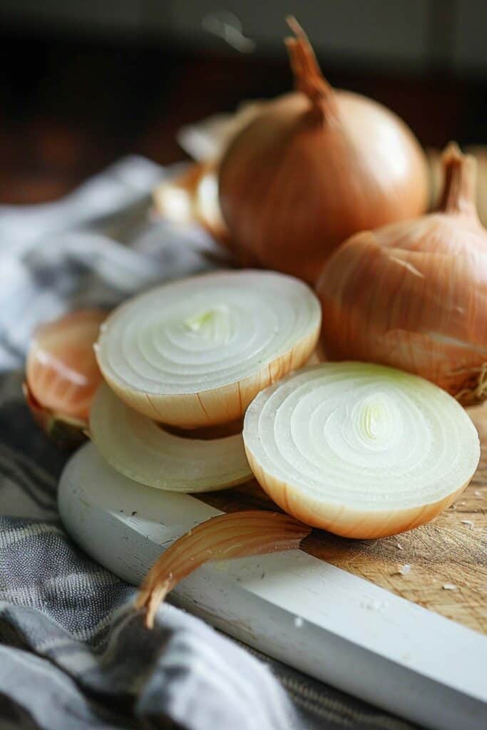 Whole and halved onions on a wooden cutting board with a cloth.