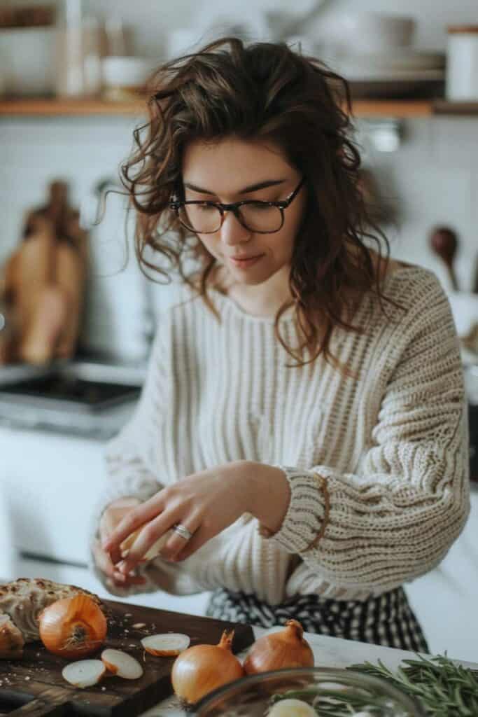 Woman in glasses chopping onions on a wooden cutting board in a kitchen.
