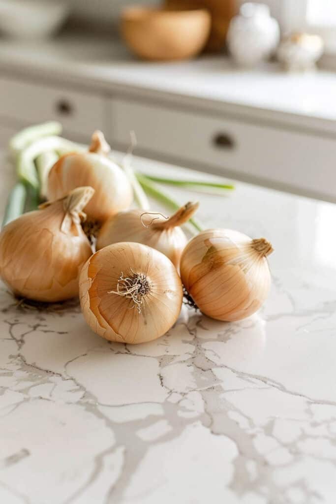 A group of whole yellow onions on a marble countertop.