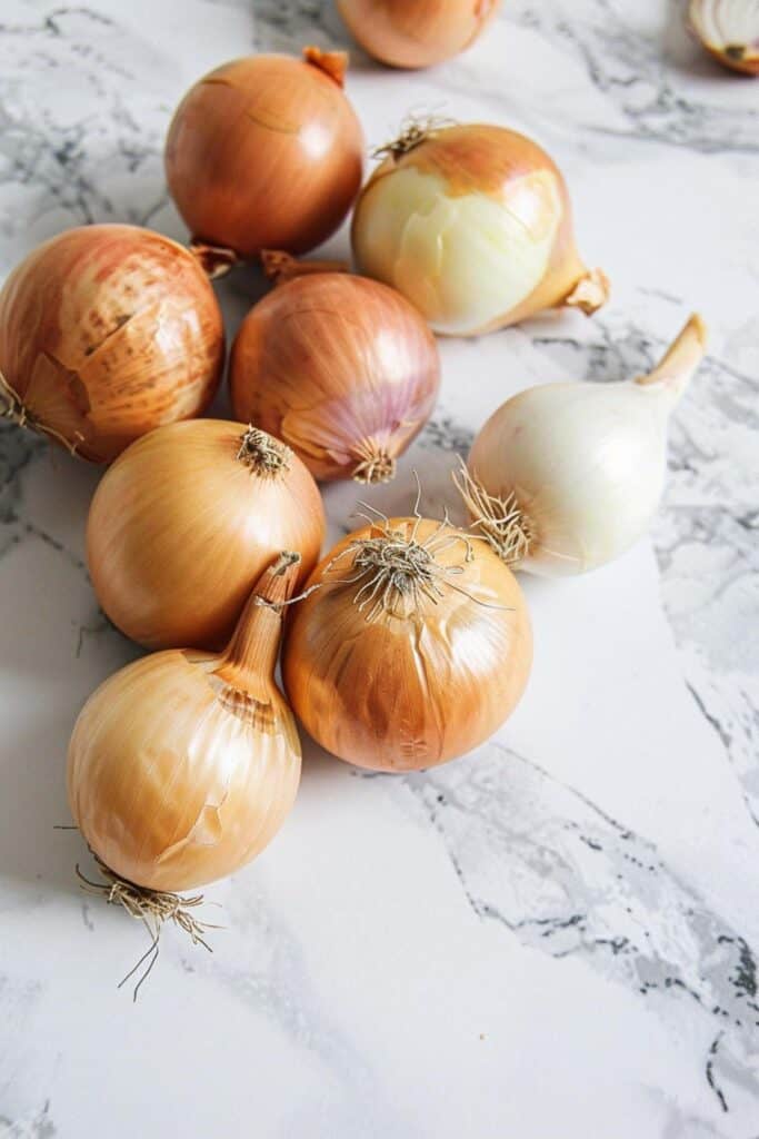 A collection of whole yellow onions arranged on a marble surface.