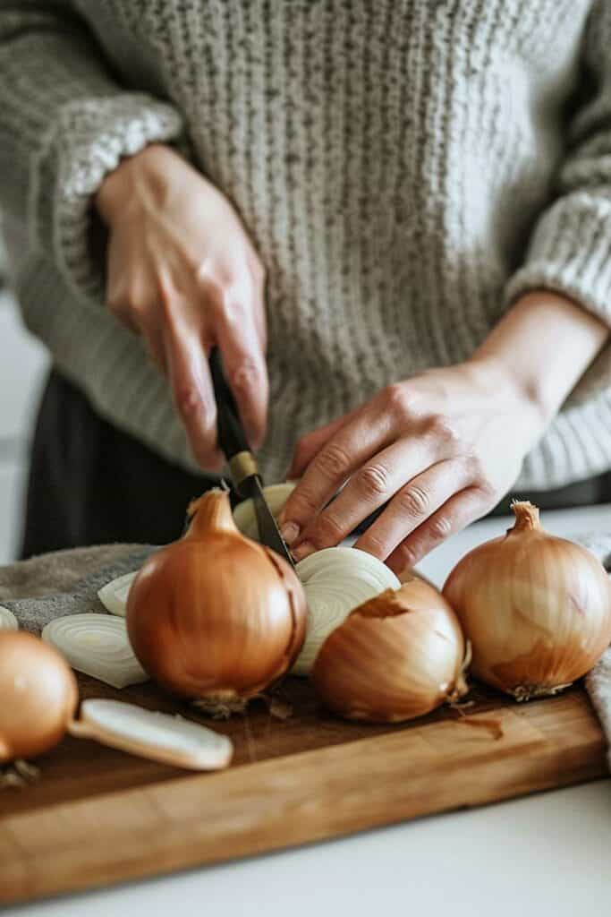 Person slicing onions on a wooden cutting board.