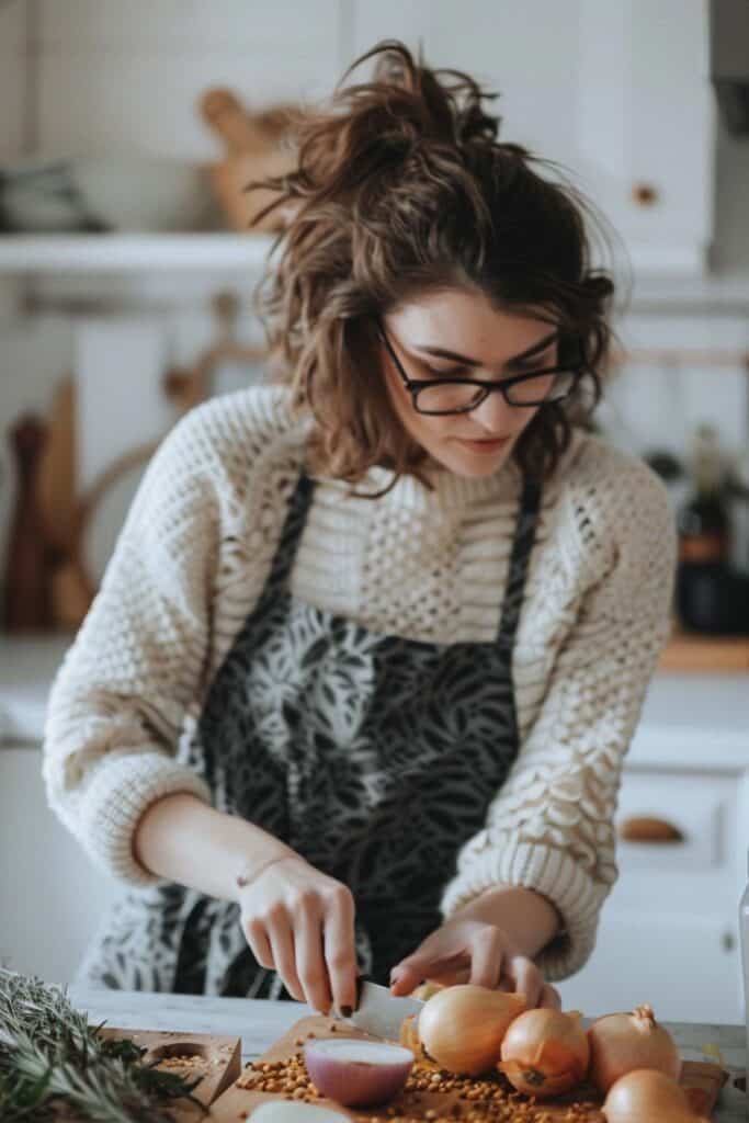 Woman with glasses cutting onions in a kitchen.