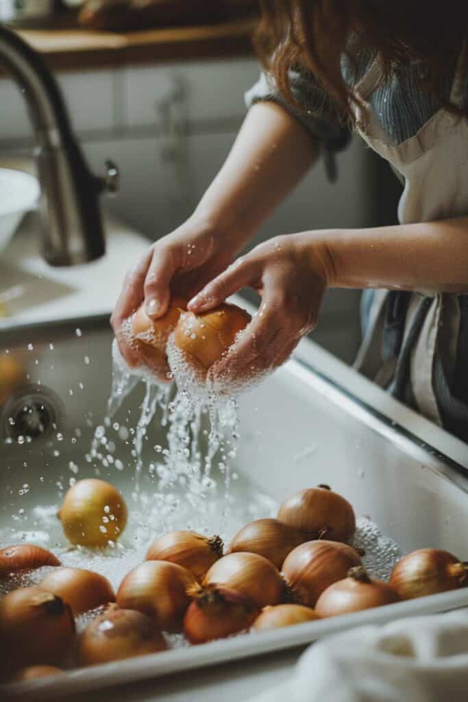 A person washing onions in a kitchen sink.