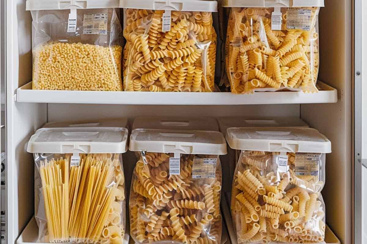 A refrigerator full of pasta in plastic containers.