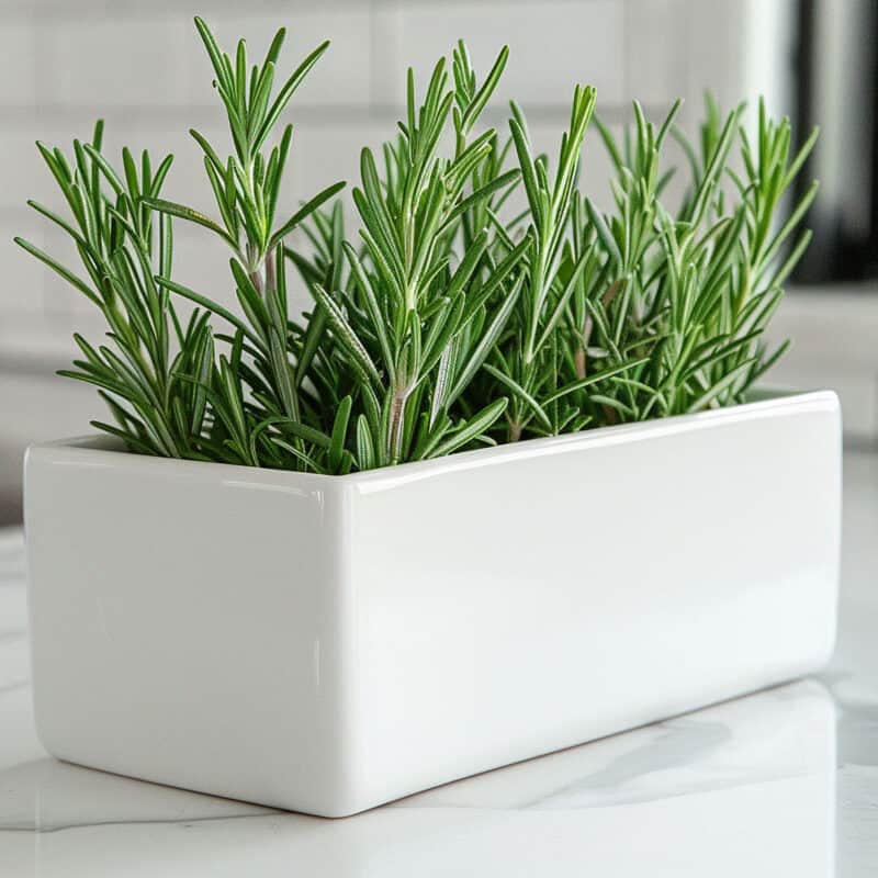 Fresh rosemary in a white rectangular planter on a kitchen countertop.