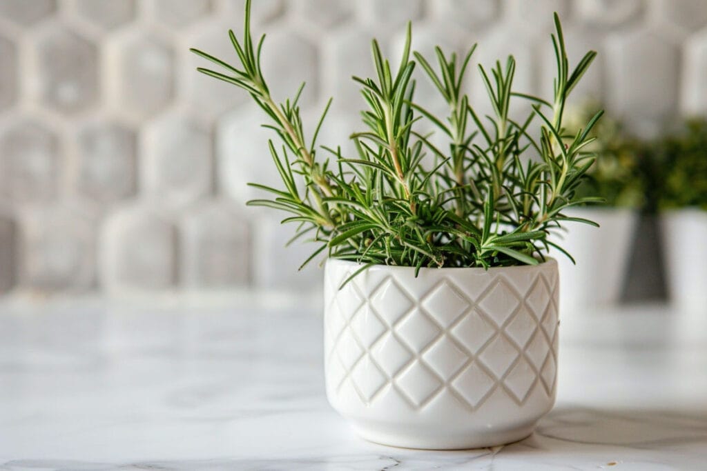 Fresh rosemary plant in a white textured pot on a marble surface.