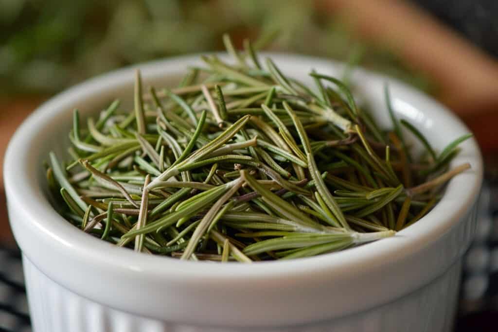 A white bowl filled with fresh rosemary sprigs.