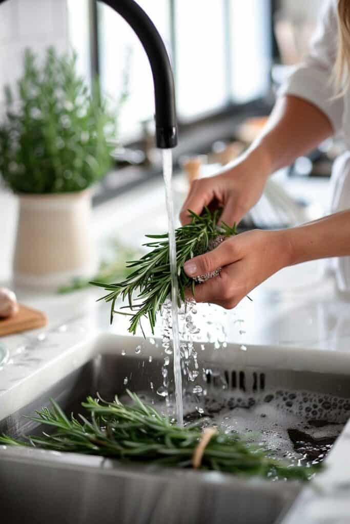 Person rinsing fresh rosemary under running tap water in a kitchen sink.