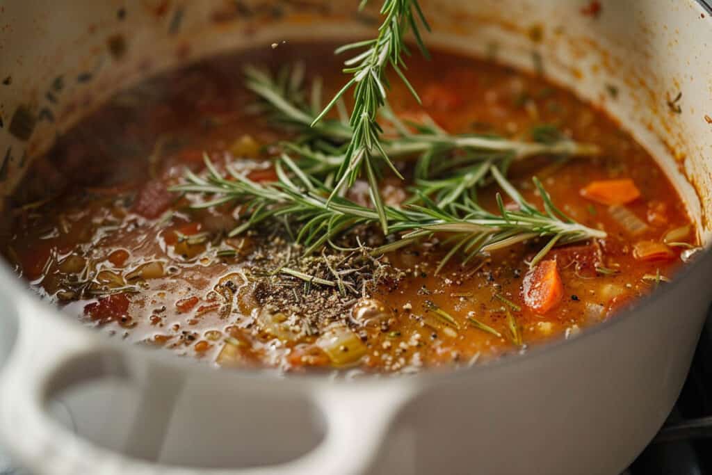 A pot of simmering soup with vegetables, herbs, and spices.