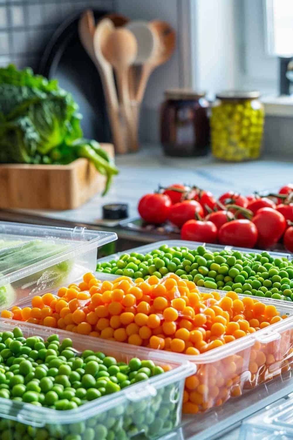 Peas, carrots, and broccoli in plastic containers on a counter.