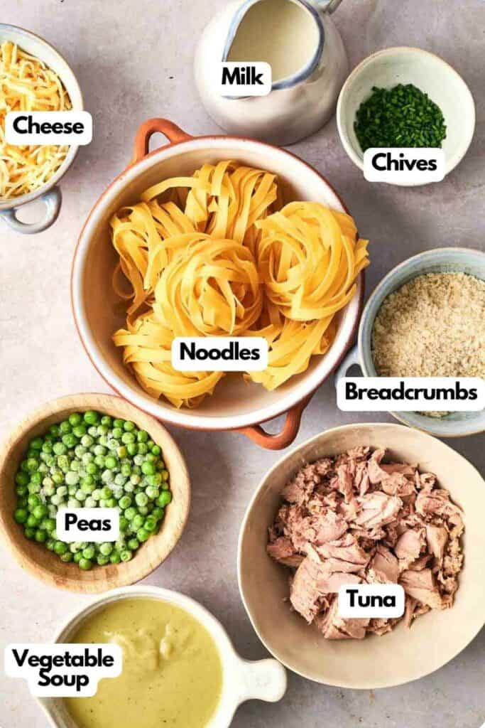 A list of ingredients for a tuna casserole recipe.