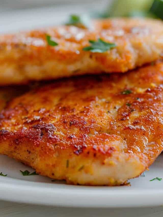 Pan-seared chicken breasts garnished with herbs on a white plate.