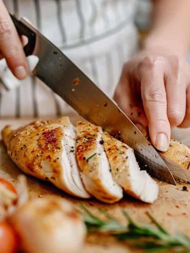 A person slices into a cooked chicken breast on a wooden cutting board, surrounded by herbs and vegetables.