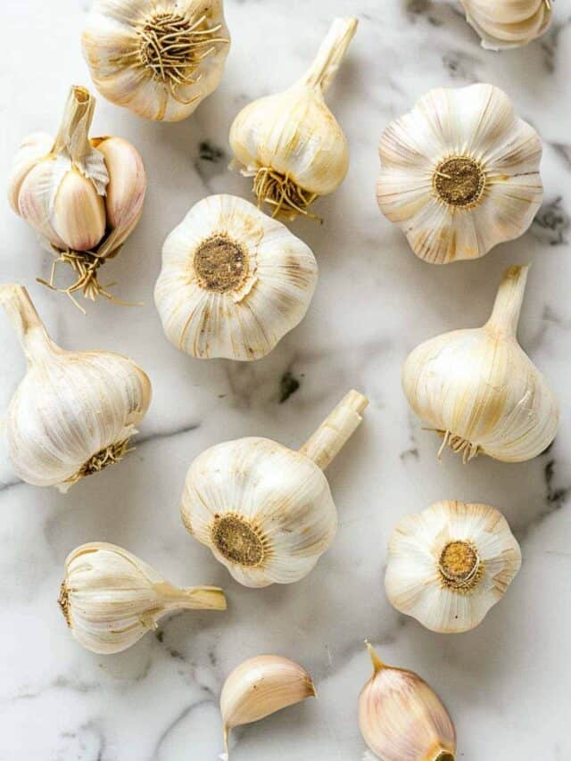 Several whole garlic bulbs and a few loose garlic cloves on a marble surface.