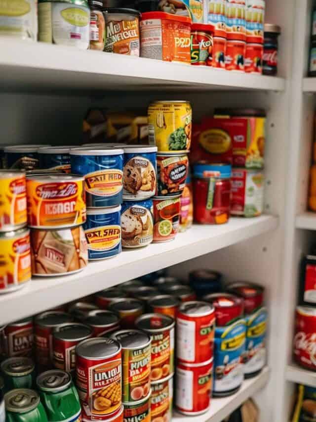 A pantry shelf filled with various canned and packaged food items, including soups, vegetables, tuna, and sauces, arranged in an organized manner.