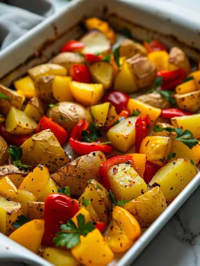 Roasted potatoes and bell peppers in a baking dish, garnished with herbs.