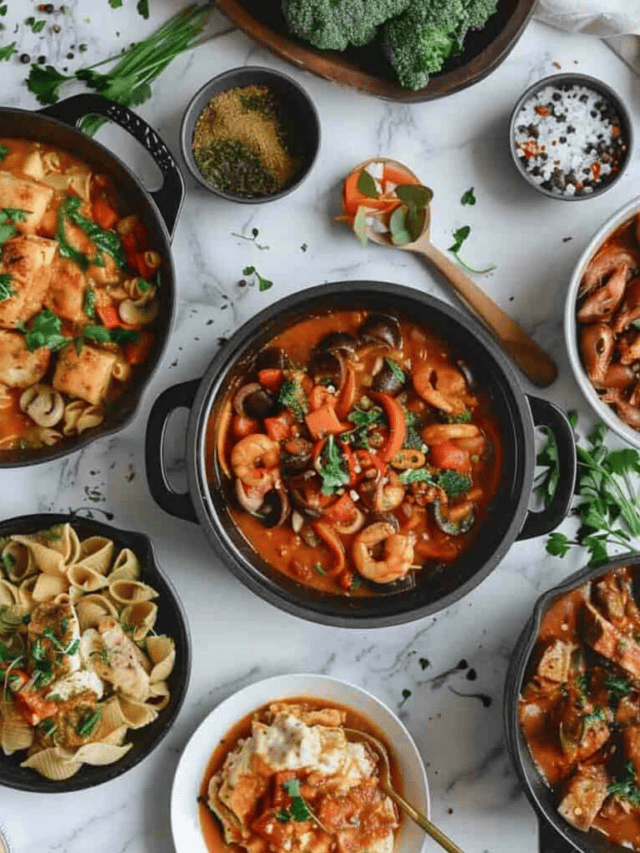 A variety of pasta dishes in bowls on a marble table.