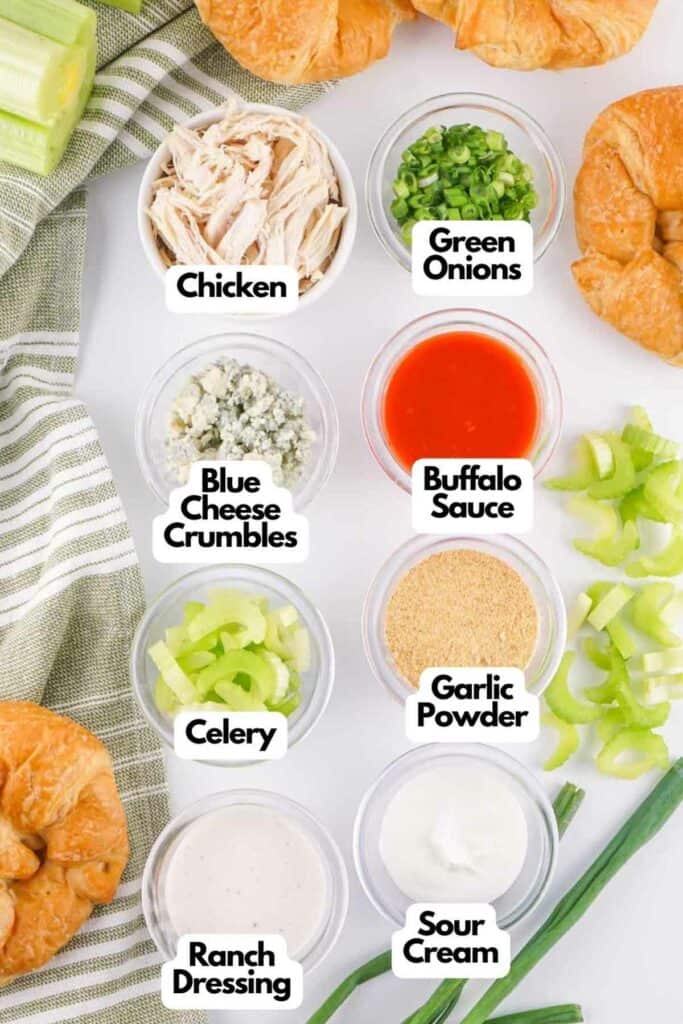 Ingredients for a Buffalo Chicken Salad arranged on a white surface, including chicken, green onions, blue cheese, buffalo sauce, celery, garlic powder, ranch dressing, and sour cream, all labeled.