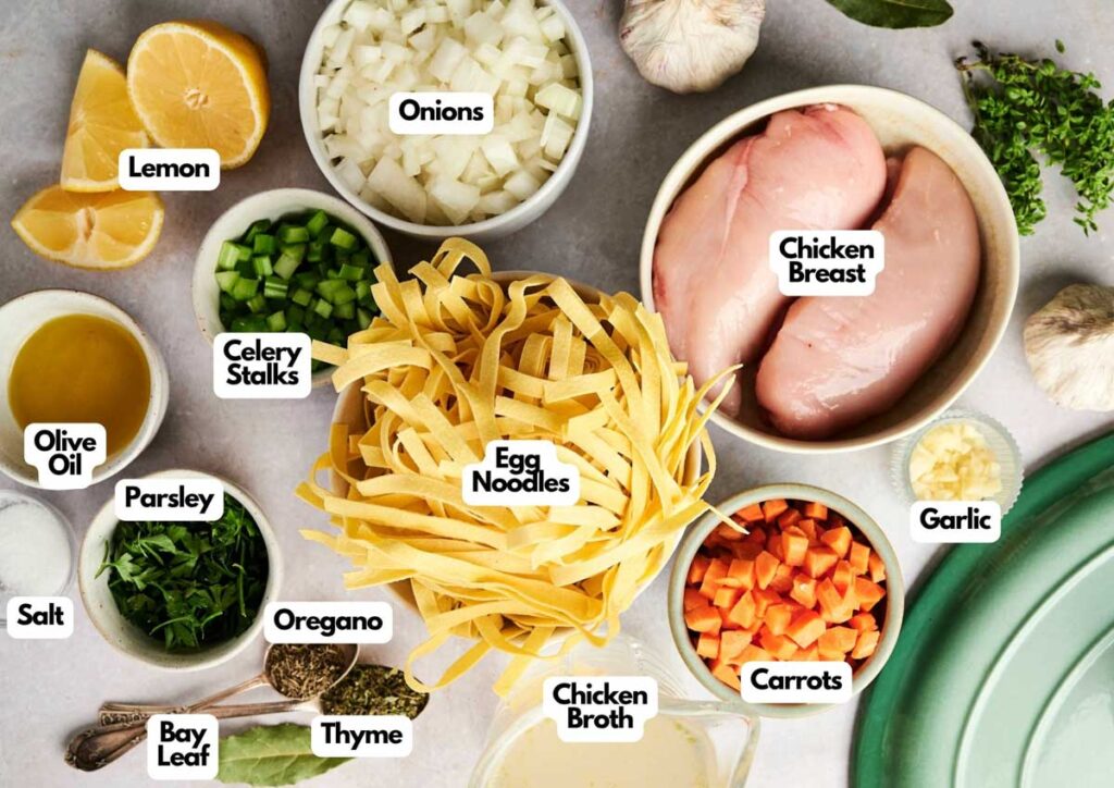 Ingredients for classic chicken noodle soup arranged on a table, including chicken breast, egg noodles, carrots, onions, celery, garlic, lemon, olive oil, seasonings, and chicken broth.