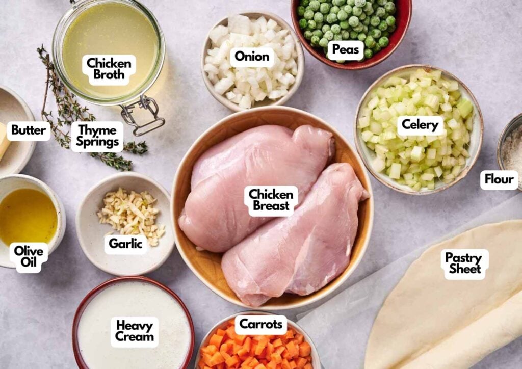 Top-down view of Chicken Pot Pie ingredients, including chicken breast, vegetables, broth, cream, butter, olive oil, flour, thyme sprigs, garlic, and a pastry sheet—all clearly labeled for easy reference.