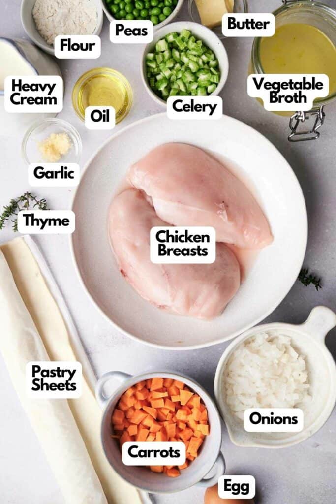 Overhead view of ingredients for cooking laid out on a table, including chicken breasts, vegetables, and seasonings, all labeled.