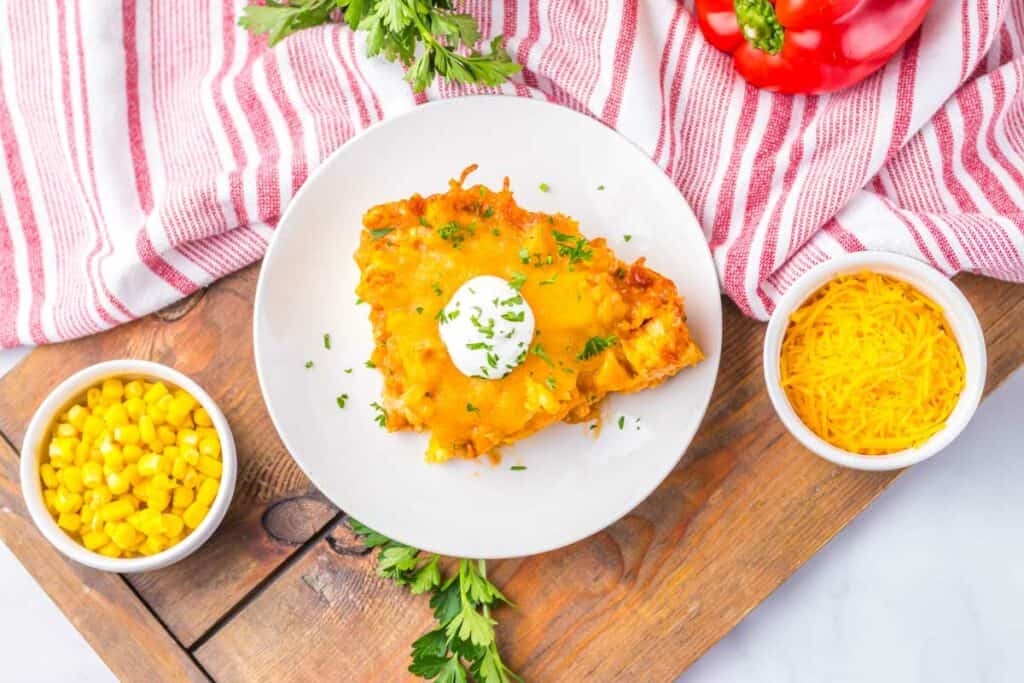 Top view of a plate of chicken tamale pie.