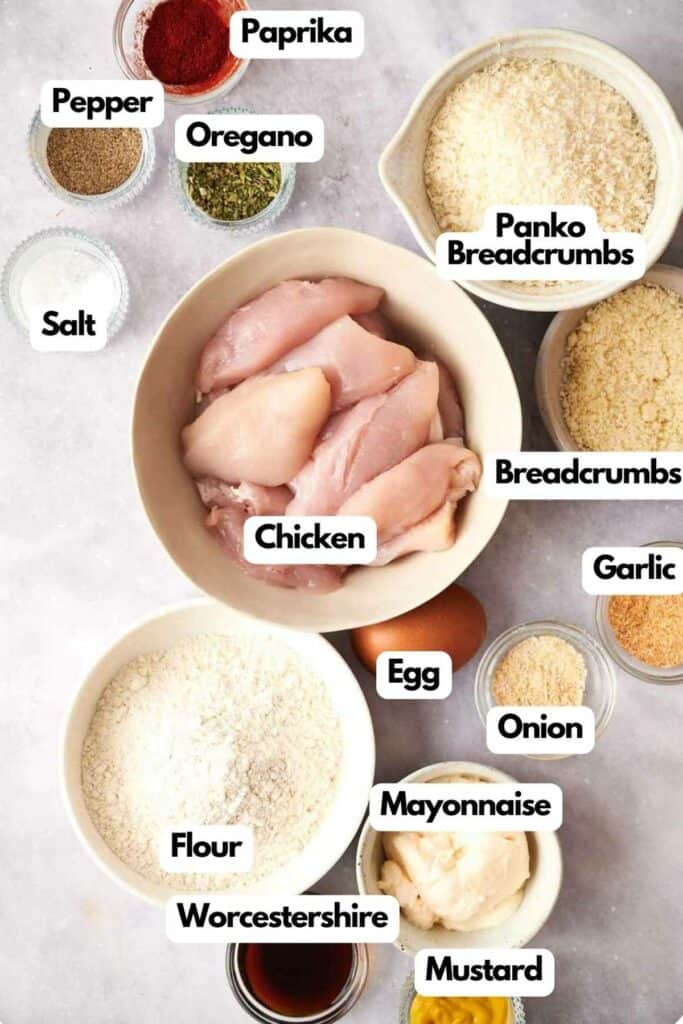 Assorted ingredients for cooking labeled for identification, including chicken tenders and various condiments and seasonings.