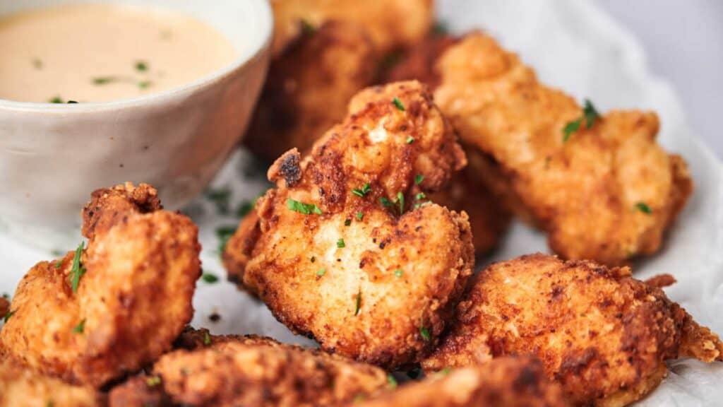 Golden fried Chick-fil-A chicken nuggets served with dipping sauce.