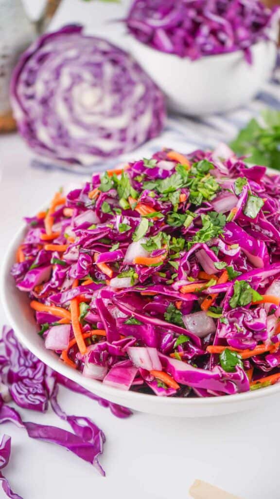 A colorful plate of fresh red cabbage coleslaw garnished with herbs.