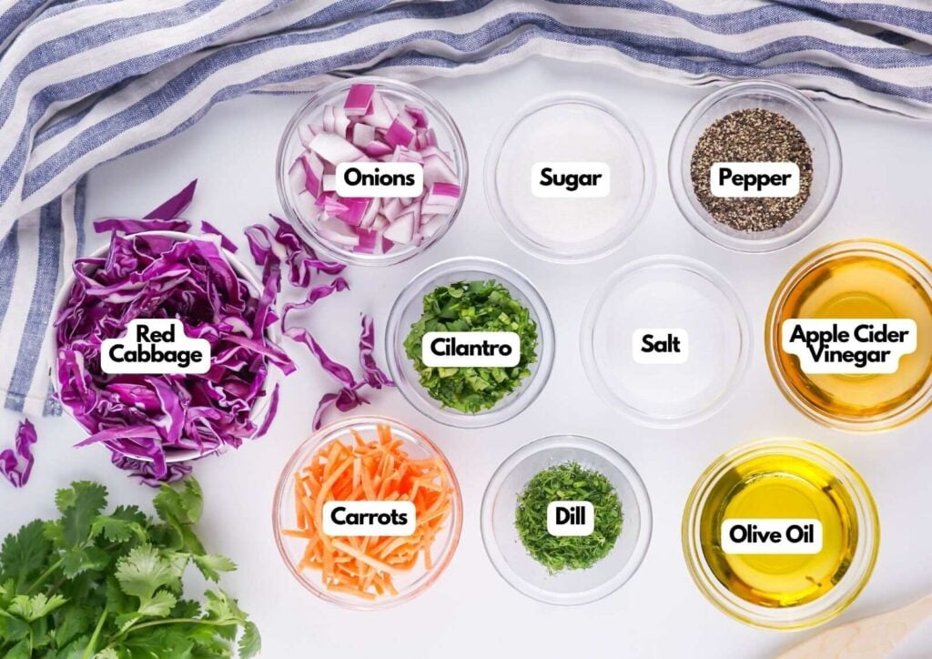 Top-down view of labeled bowls with Red Cabbage Coleslaw ingredients: red cabbage, onions, sugar, pepper, cilantro, salt, apple cider vinegar, carrots, dill, and olive oil on a white surface with a striped cloth.