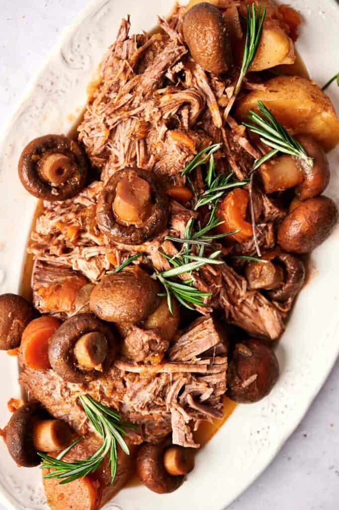 Slow Cooker Pot Roast on a white plate.