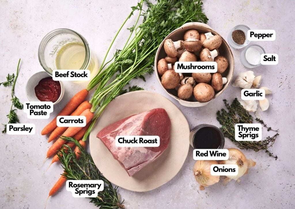 A flat lay of slow cooker pot roast ingredients: chuck roast, carrots, mushrooms, onions, garlic, parsley, thyme, rosemary, tomato paste, beef stock, red wine, salt, and pepper—all clearly labeled.