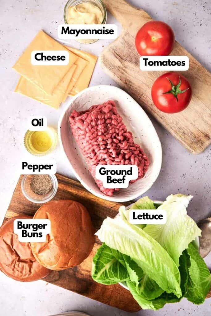 labeled ingredients for a smash burger recipe.