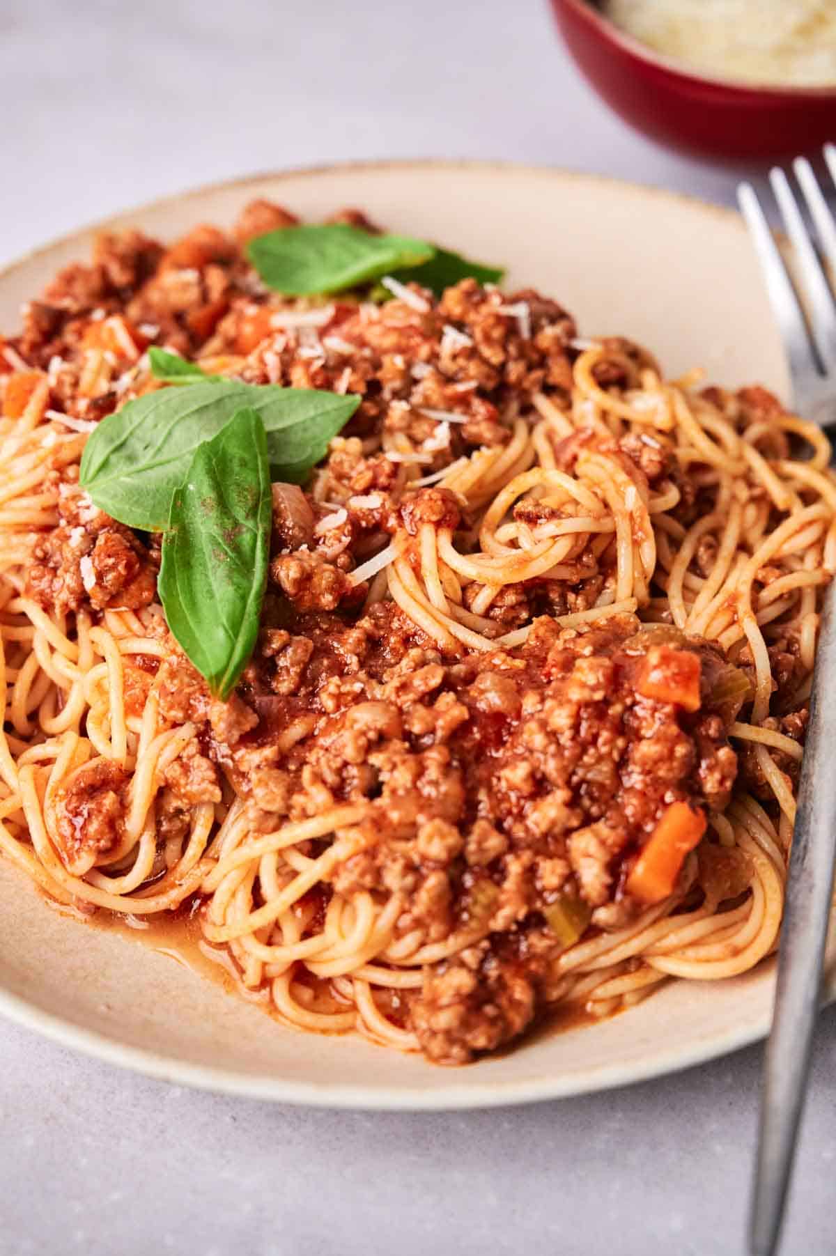 Spaghetti Bolognese on a plate with a fork on the side.