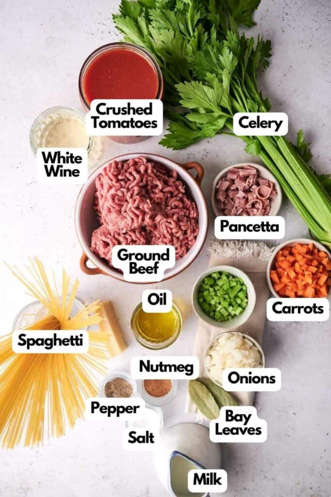 Labeled ingredients for the Spaghetti Bolognese recipe