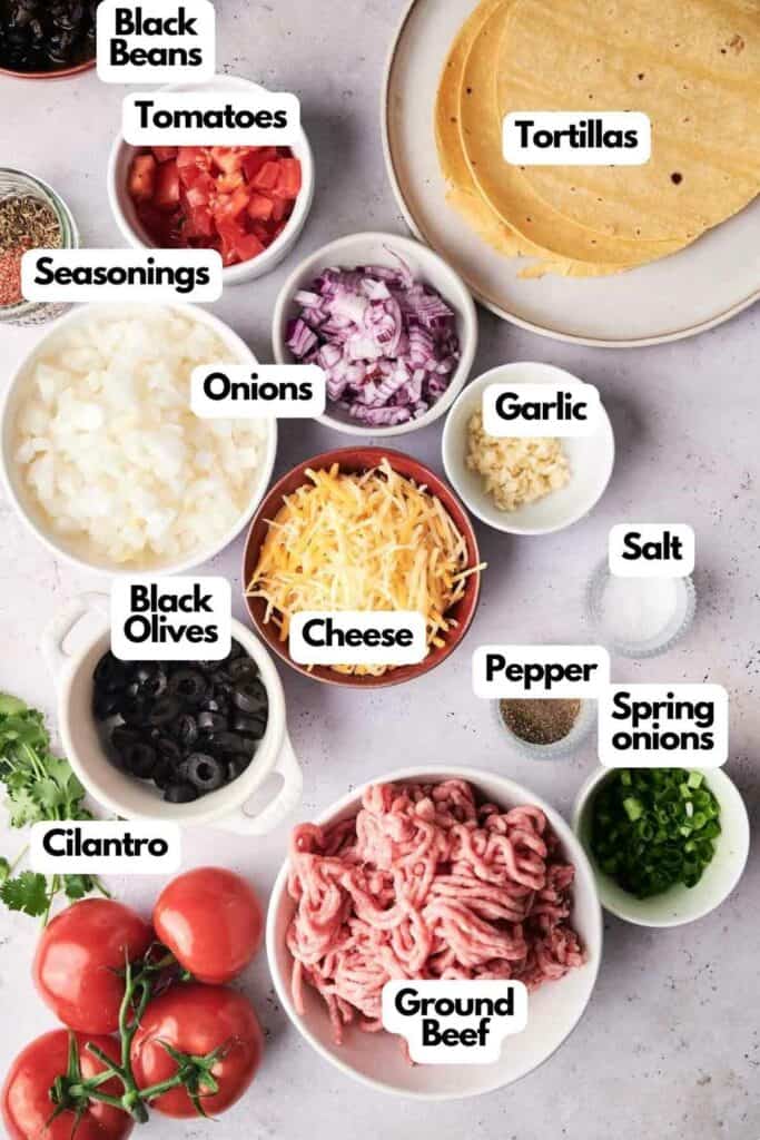 Labeled ingredients for a taco casserole.