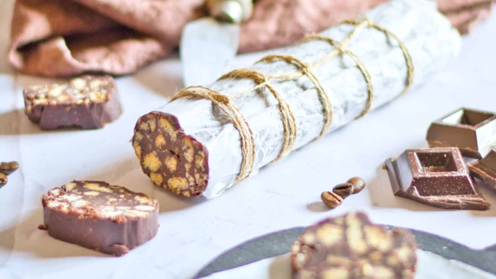 Sliced chocolate salami dessert with pieces of biscuit, surrounded by dark chocolate squares and coffee beans on a marble surface.